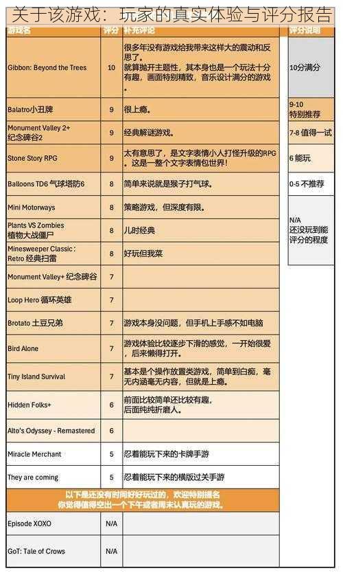 关于该游戏：玩家的真实体验与评分报告