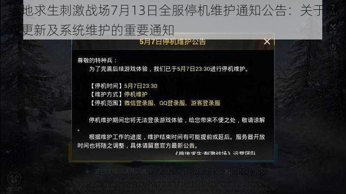 绝地求生刺激战场7月13日全服停机维护通知公告：关于游戏更新及系统维护的重要通知