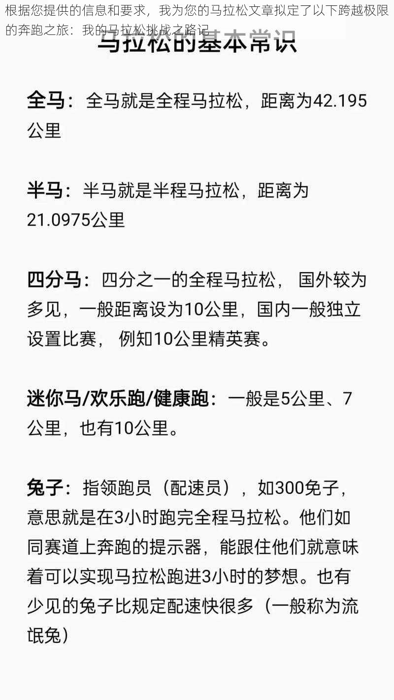 根据您提供的信息和要求，我为您的马拉松文章拟定了以下跨越极限的奔跑之旅：我的马拉松挑战之路记